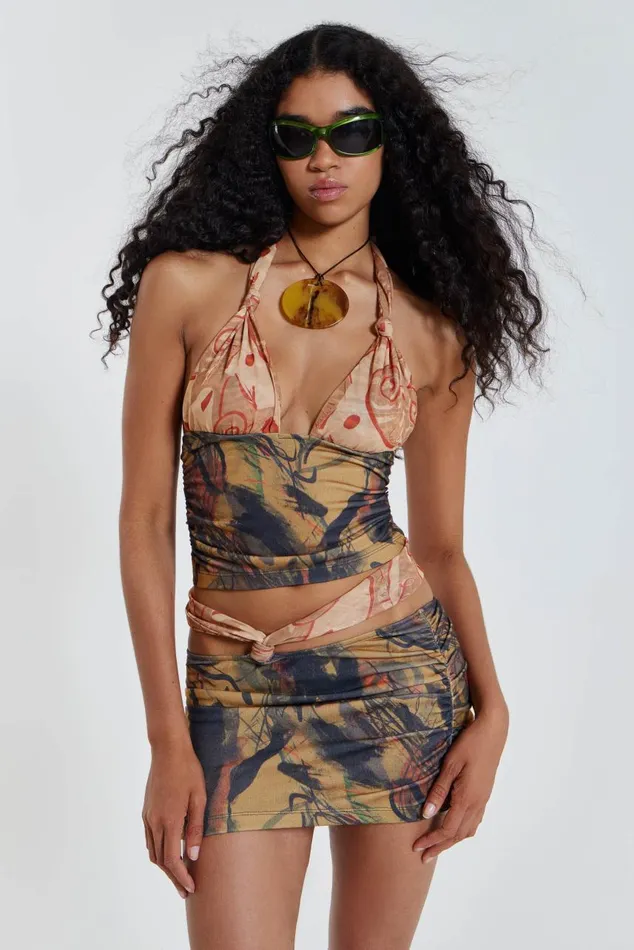 Women Contrast Print Knotted Beach Top Jaded London Beach CoOrds