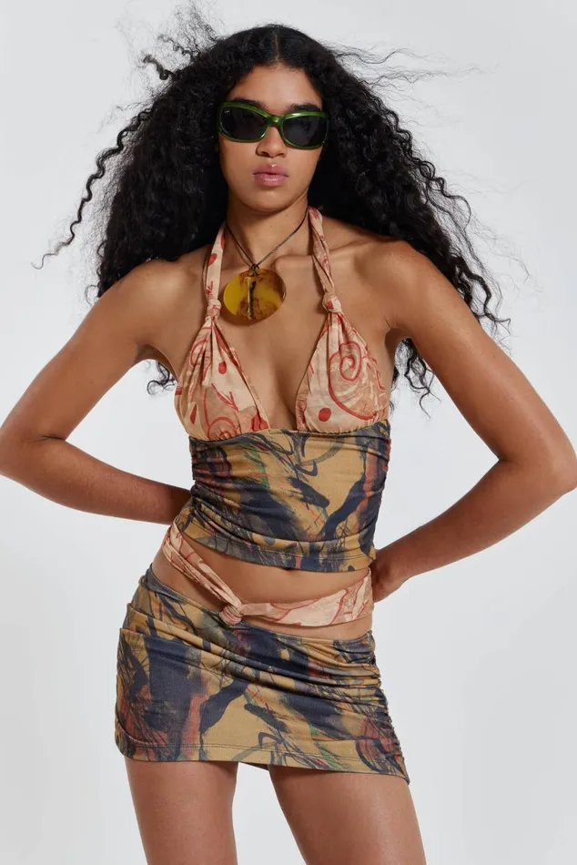 Women Contrast Print Knotted Beach Top Jaded London Beach CoOrds
