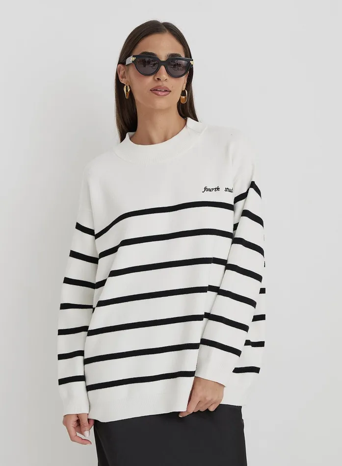 Women Cream And Navy Stripe Jumper Myda 4th and Reckless Knitwear
