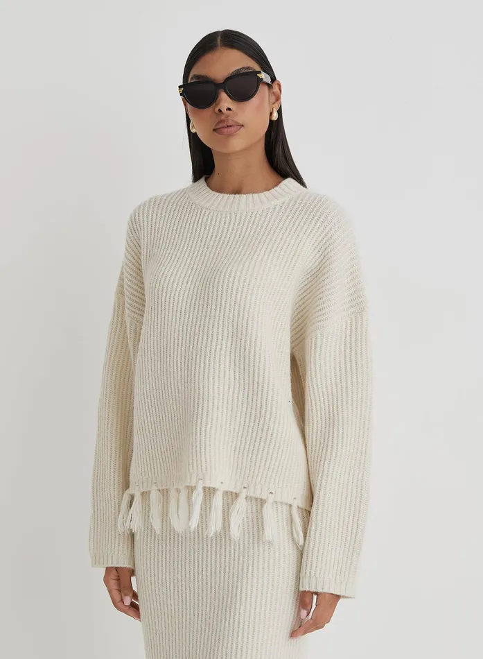 Women Cream Oversized Tassle Trim Jumper Fallon 4th and Reckless Knitwear