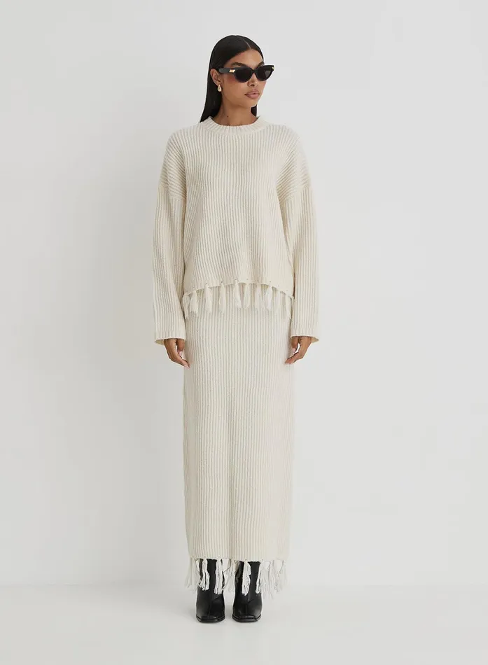 Women Cream Oversized Tassle Trim Jumper Fallon 4th and Reckless Knitwear
