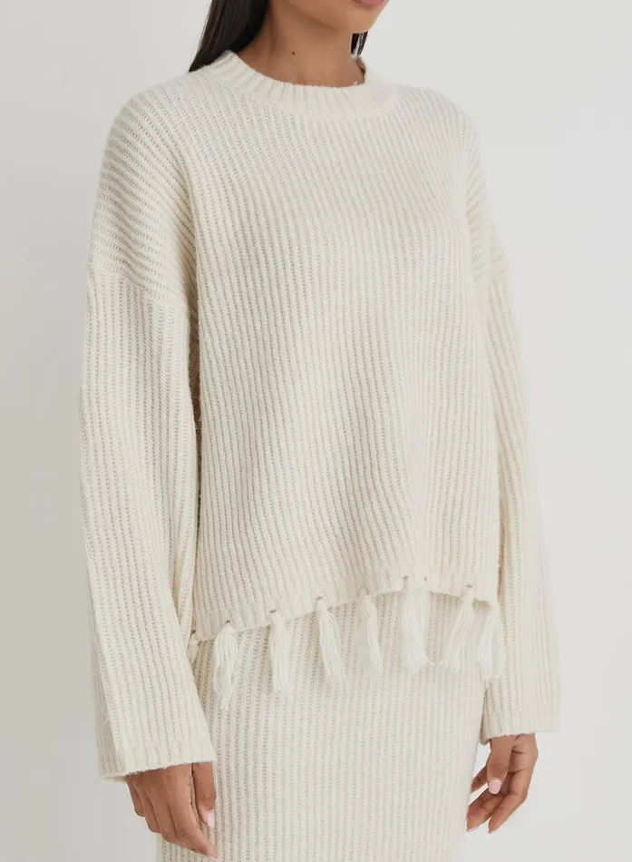 Women Cream Oversized Tassle Trim Jumper Fallon 4th and Reckless Knitwear
