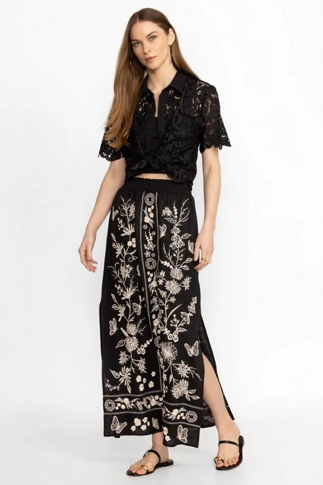 Women DOMINGO HIGH SLIT LINEN SKIRT Black Johnny Was Bottoms