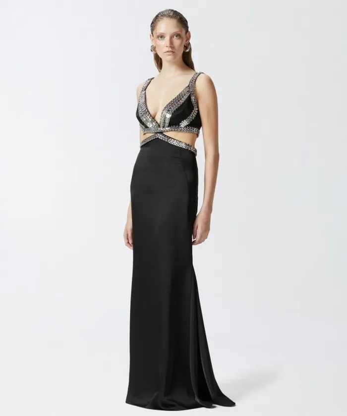Women Dresses Pinko Elegant Long Dress With Metallic Embroidery Limo Black