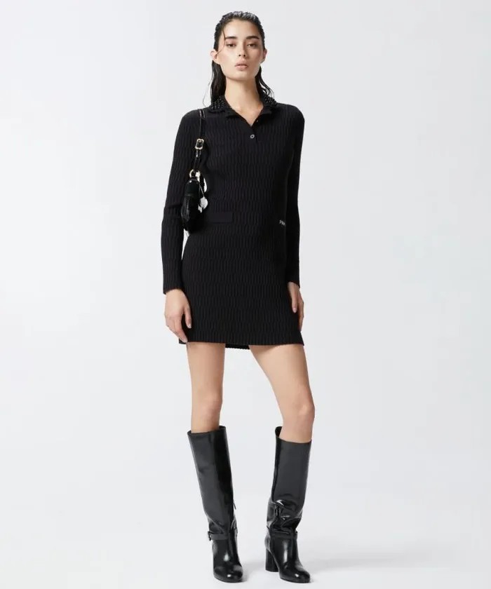 Women Dresses Pinko Geometric Knit Mini Dress With Bejewelled Collar Limo Black