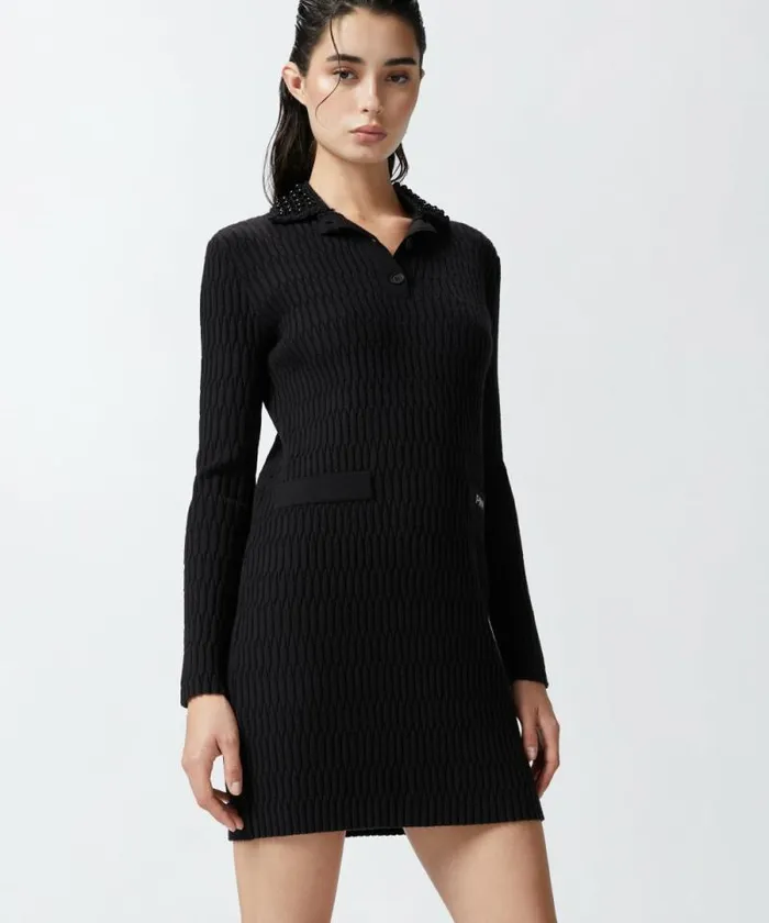 Women Dresses Pinko Geometric Knit Mini Dress With Bejewelled Collar Limo Black Women Dresses Pinko Geometric Knit Mini Dress With Bejewelled Collar Limo Black