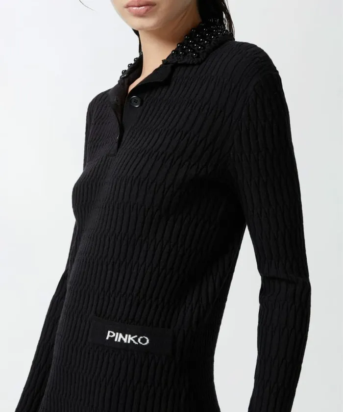 Women Dresses Pinko Geometric Knit Mini Dress With Bejewelled Collar Limo Black Women Dresses Pinko Geometric Knit Mini Dress With Bejewelled Collar Limo Black