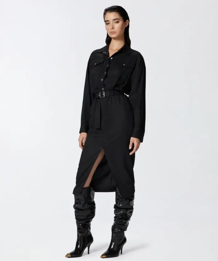 Women Dresses Pinko Midi Shirt Dress With Belt And Pockets Limo Black Women Dresses Pinko Midi Shirt Dress With Belt And Pockets Limo Black