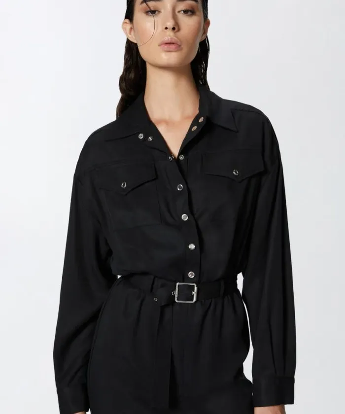 Women Dresses Pinko Midi Shirt Dress With Belt And Pockets Limo Black Women Dresses Pinko Midi Shirt Dress With Belt And Pockets Limo Black