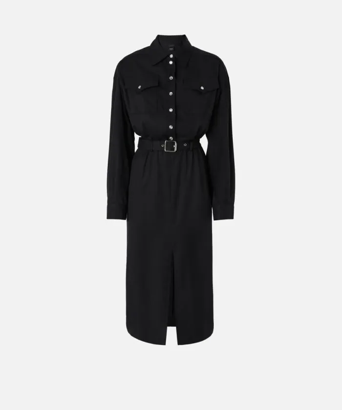 Women Dresses Pinko Midi Shirt Dress With Belt And Pockets Limo Black Women Dresses Pinko Midi Shirt Dress With Belt And Pockets Limo Black