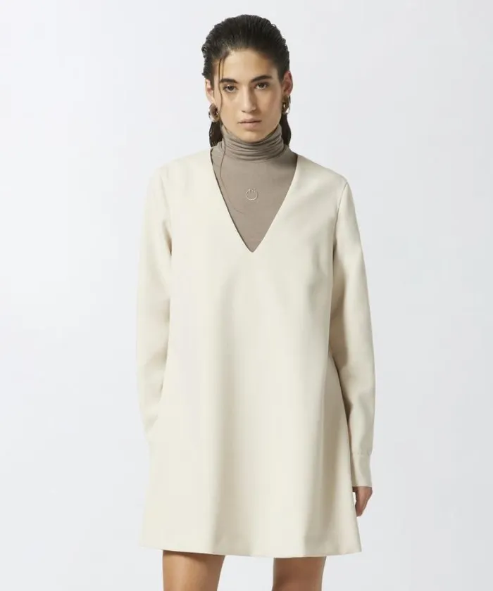 Women Dresses Pinko Technical Fabric Vneck Mini Dress Fog Beige Women Dresses Pinko Technical Fabric Vneck Mini Dress Fog Beige