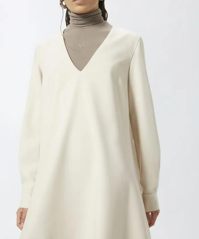 Women Dresses Pinko Technical Fabric Vneck Mini Dress Fog Beige Women Dresses Pinko Technical Fabric Vneck Mini Dress Fog Beige
