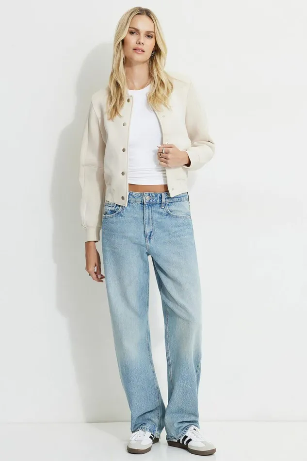 Women Dynamite Coats and Jackets Anywear Scuba Bomber Jacket Beige