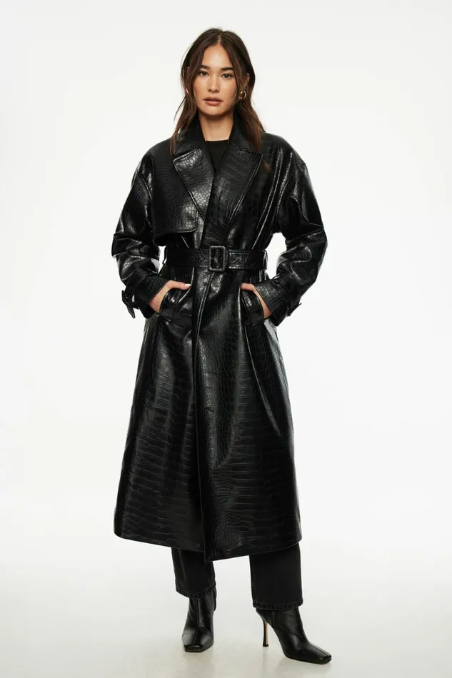 Women Dynamite Coats and Jackets Crocodile Faux Leather Military Trench Coat Black Women Dynamite Coats and Jackets Crocodile Faux Leather Military Trench Coat Black