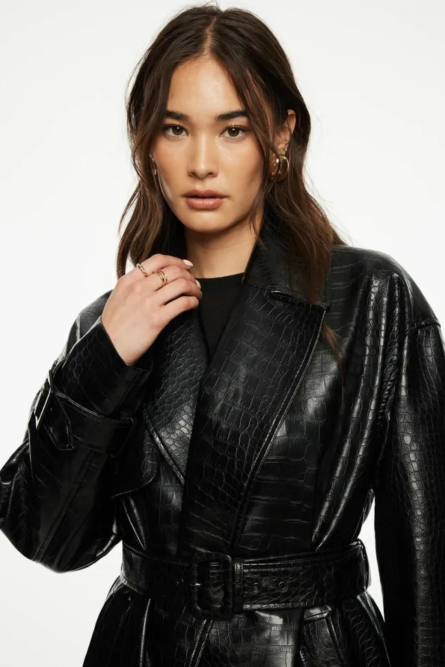 Women Dynamite Coats and Jackets Crocodile Faux Leather Military Trench Coat Black