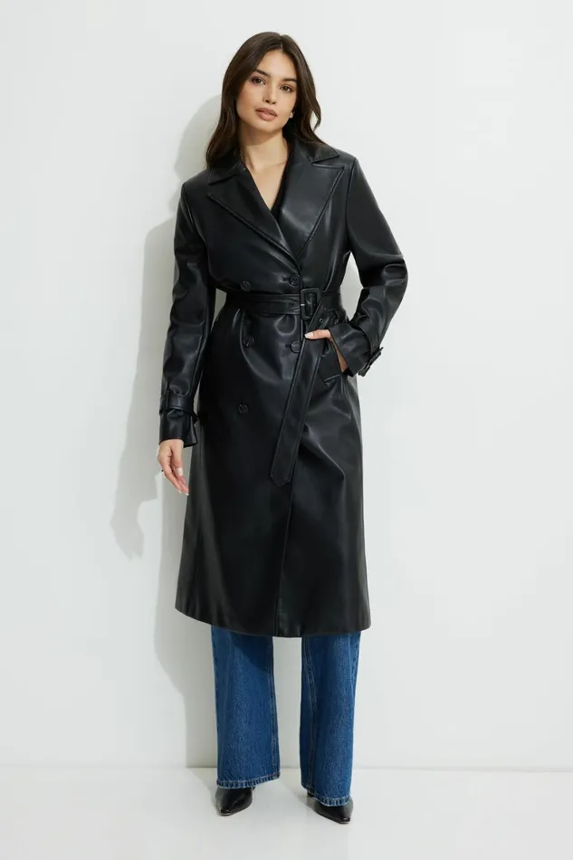 Women Dynamite Coats and Jackets Military Faux Leather Trench Coat Black