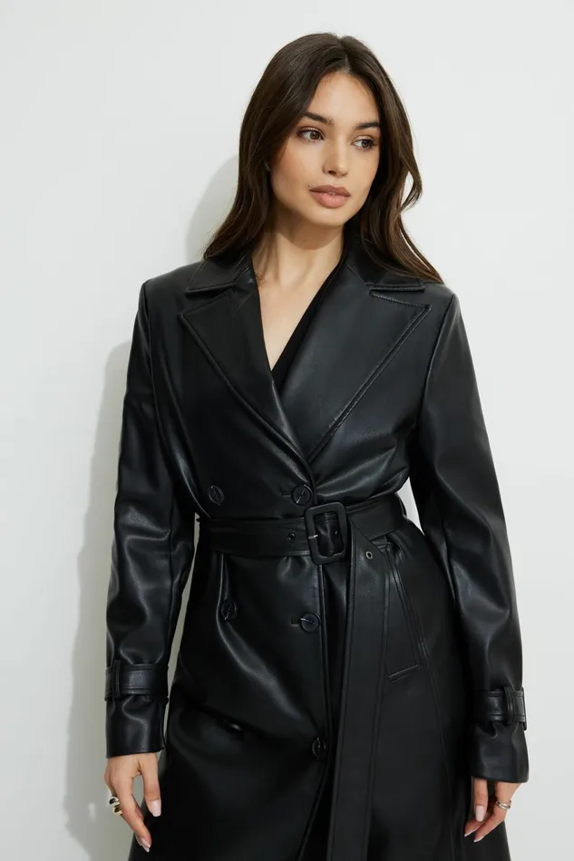 Women Dynamite Coats and Jackets Military Faux Leather Trench Coat Black
