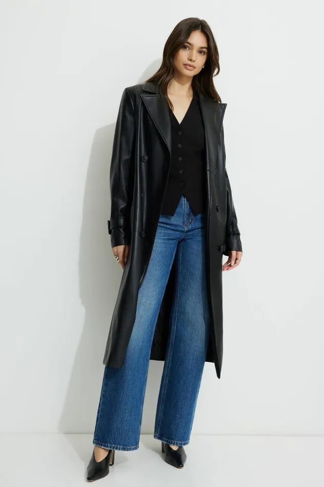 Women Dynamite Coats and Jackets Military Faux Leather Trench Coat Black
