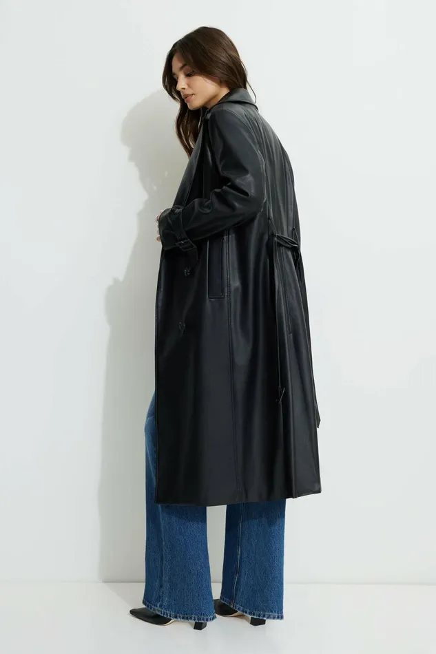 Women Dynamite Coats and Jackets Military Faux Leather Trench Coat Black