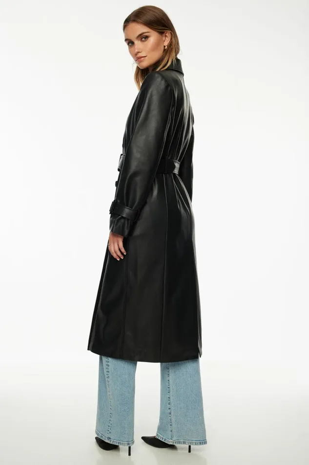 Women Dynamite Coats and Jackets Military Faux Leather Trench Coat Black