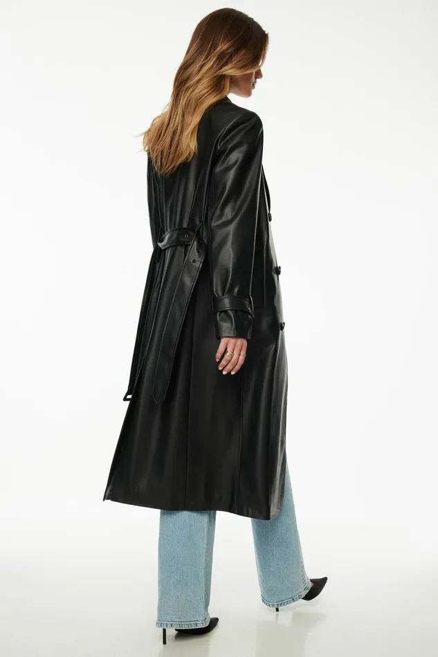 Women Dynamite Coats and Jackets Military Faux Leather Trench Coat Black