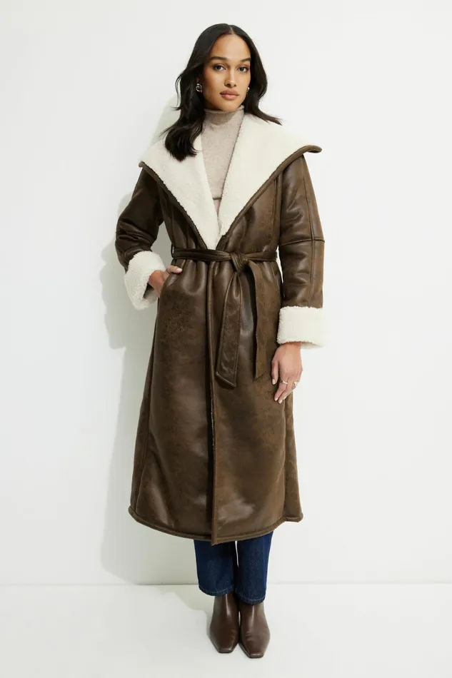 Women Dynamite Coats and Jackets Sherpa Faux Leather Wrap Coat Brown