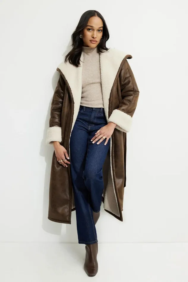Women Dynamite Coats and Jackets Sherpa Faux Leather Wrap Coat Brown