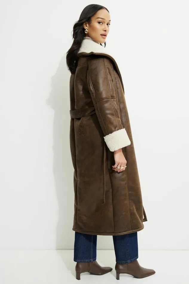 Women Dynamite Coats and Jackets Sherpa Faux Leather Wrap Coat Brown