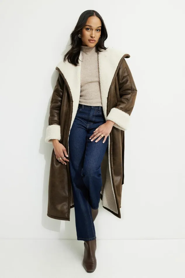 Women Dynamite Coats and Jackets Sherpa Faux Leather Wrap Coat Brown