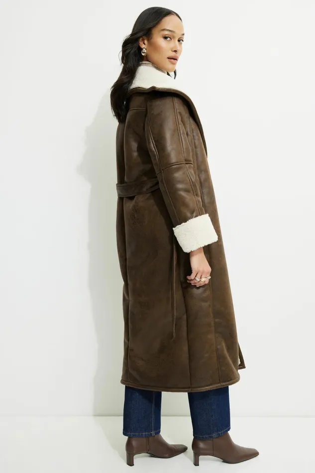 Women Dynamite Coats and Jackets Sherpa Faux Leather Wrap Coat Brown