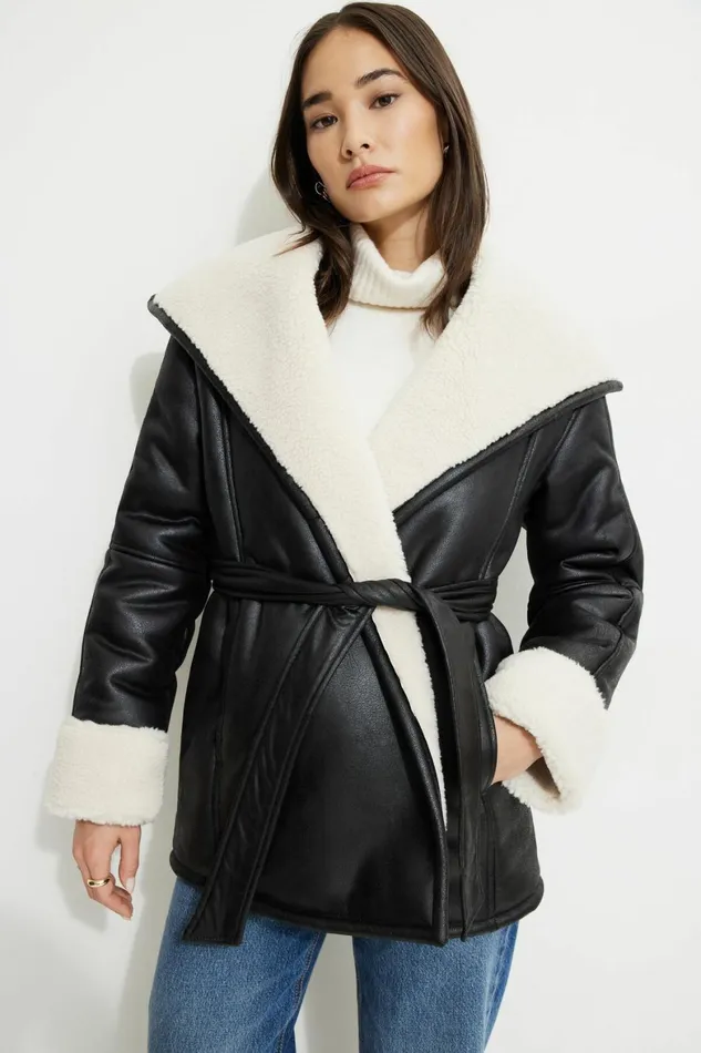 Women Dynamite Coats and Jackets Sherpa Short Faux Leather Wrap Coat Black