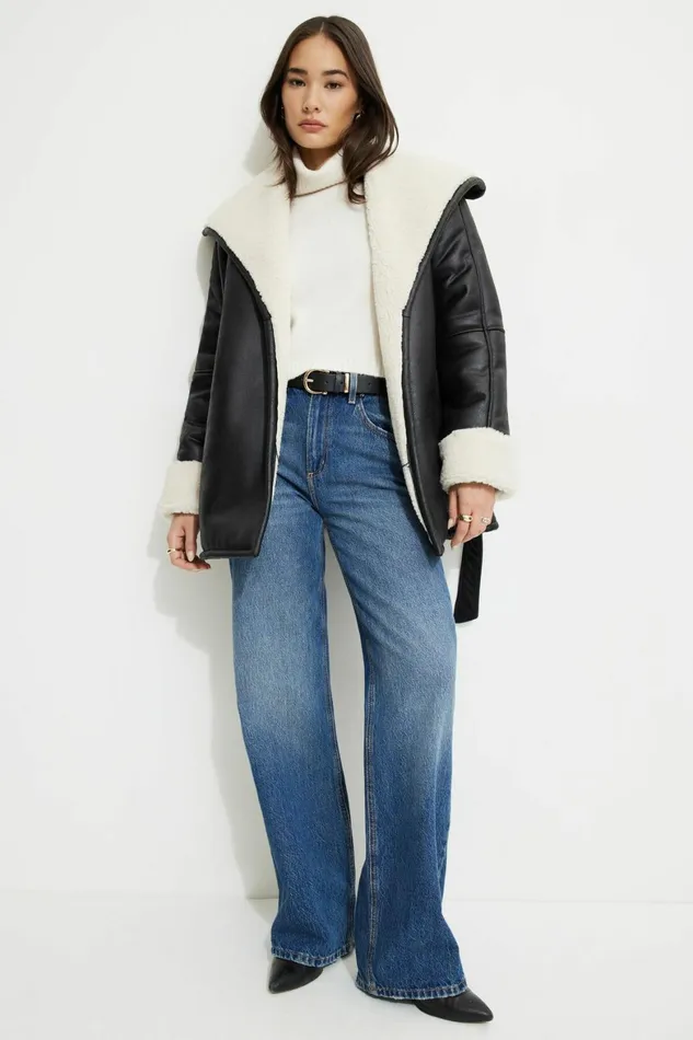 Women Dynamite Coats and Jackets Sherpa Short Faux Leather Wrap Coat Black