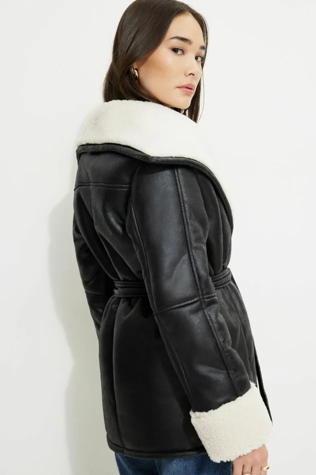 Women Dynamite Coats and Jackets Sherpa Short Faux Leather Wrap Coat Black
