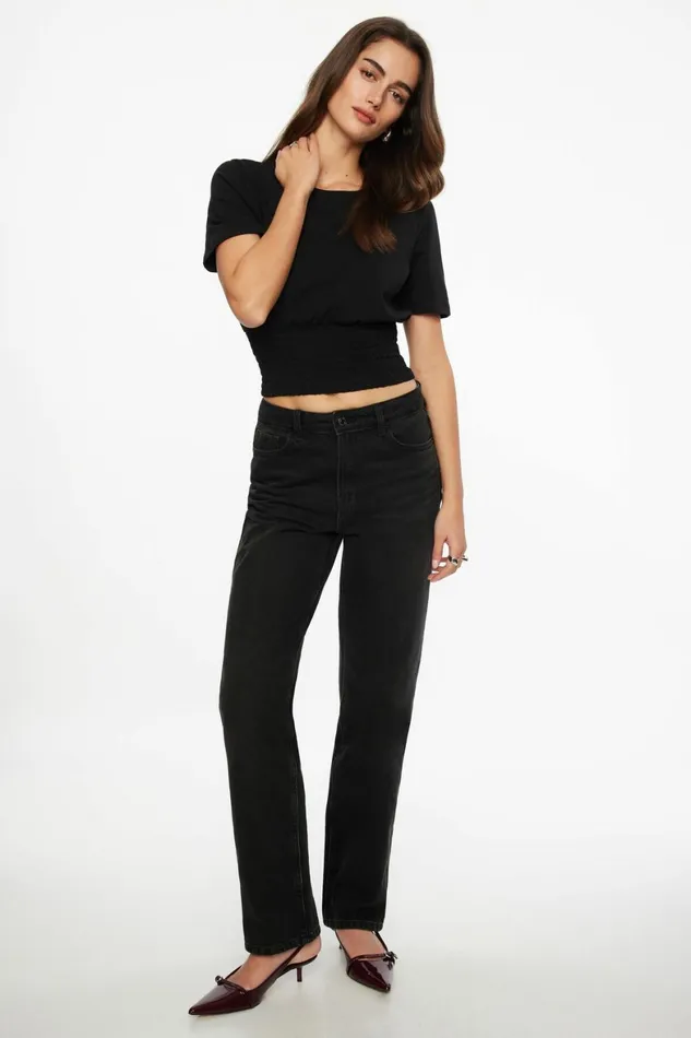 Women Dynamite Short Sleeve Tops Smocked Crewneck TShirt Black