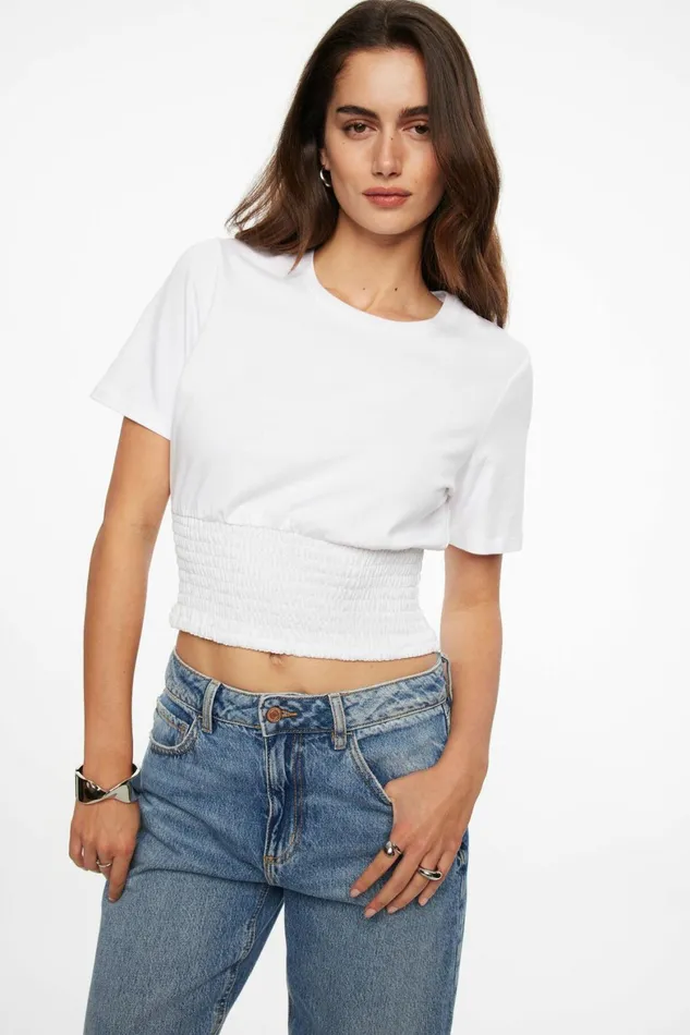 Women Dynamite Short Sleeve Tops Smocked Crewneck TShirt White