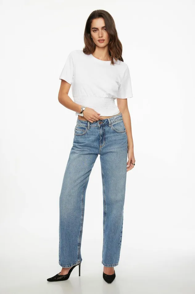 Women Dynamite Short Sleeve Tops Smocked Crewneck TShirt White