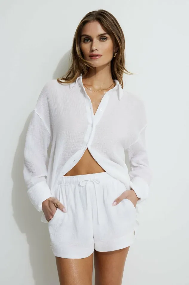 Women Dynamite Tops Gauze Oversized Shirt White