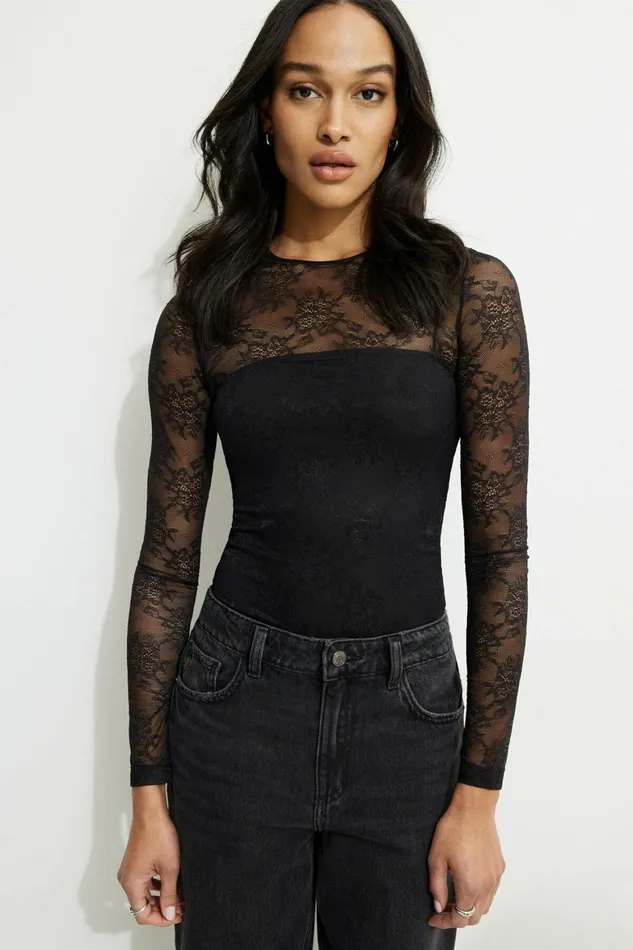 Women Dynamite Tops Skylar Lace Bodysuit Black