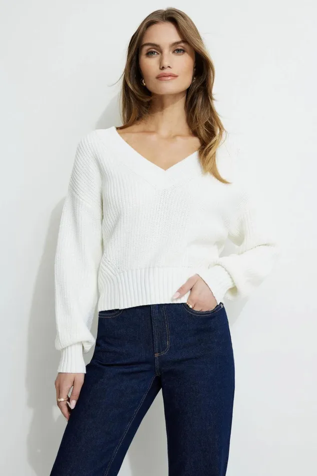 Women Dynamite Tops Stephanie Cinched Waist Sweater White