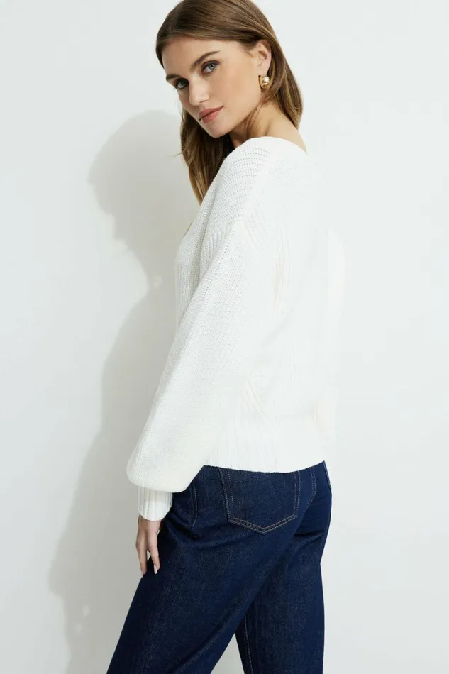 Women Dynamite Tops Stephanie Cinched Waist Sweater White