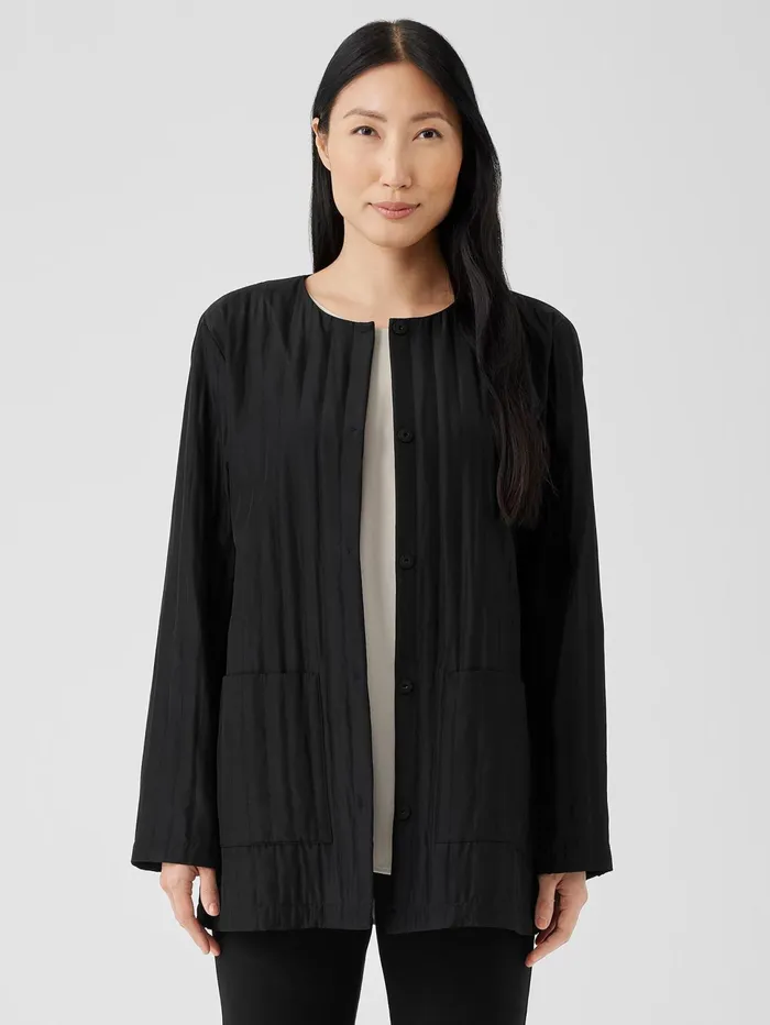 Women Eileen Fisher Jackets Coats and Vests Silk Habutai Quilted Round Neck Jacket Black Women Eileen Fisher Jackets Coats and Vests Silk Habutai Quilted Round Neck Jacket Black
