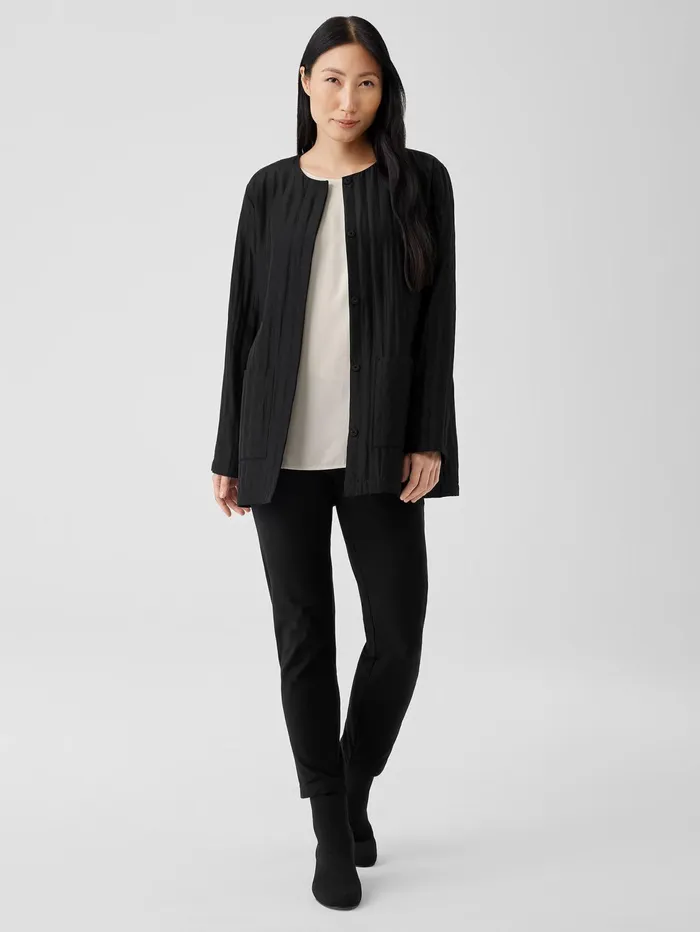 Women Eileen Fisher Jackets Coats and Vests Silk Habutai Quilted Round Neck Jacket Black