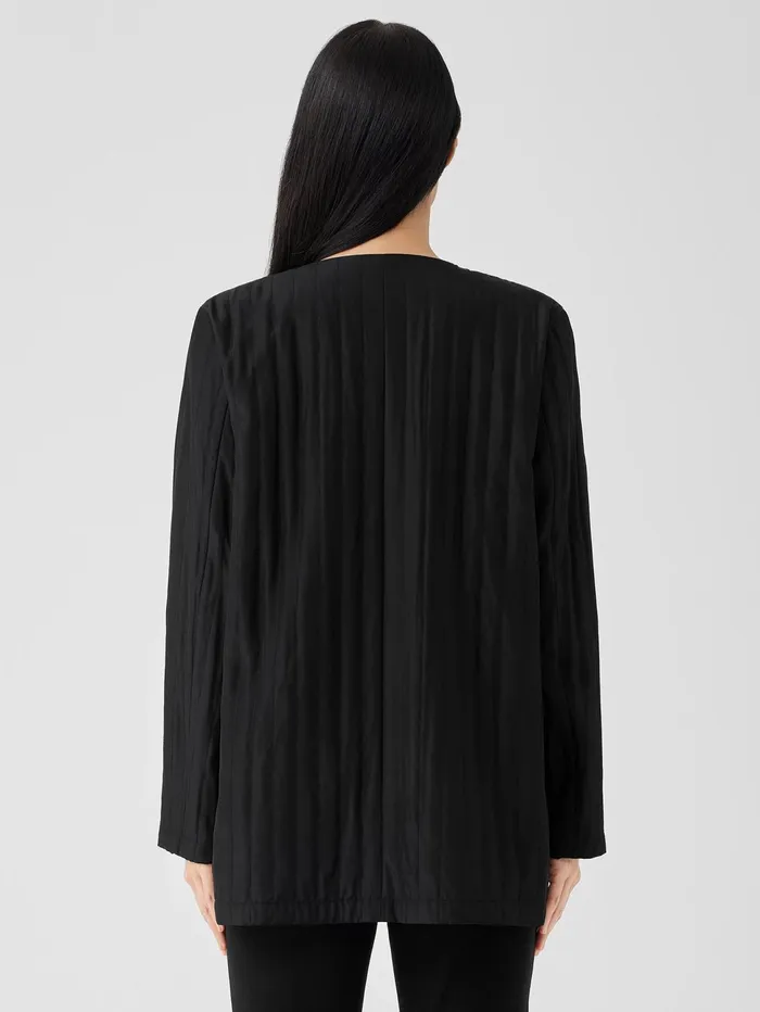Women Eileen Fisher Jackets Coats and Vests Silk Habutai Quilted Round Neck Jacket Black