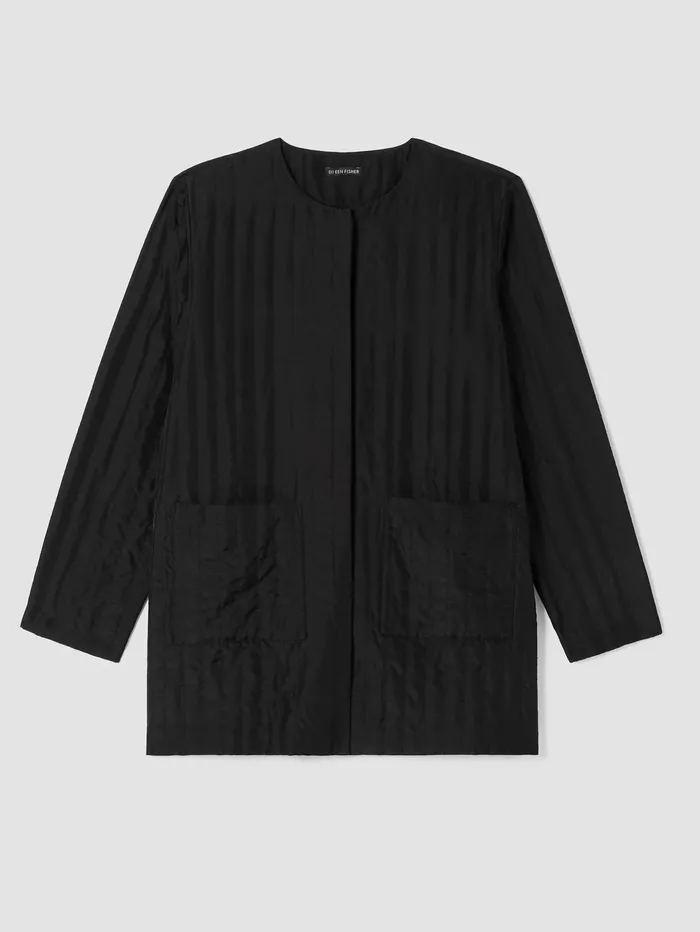 Women Eileen Fisher Jackets Coats and Vests Silk Habutai Quilted Round Neck Jacket Black