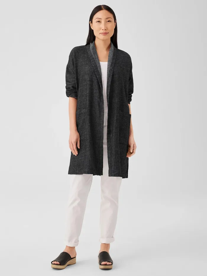 Women Eileen Fisher Jackets Coats and Vests Tweedy Hemp Cotton High Collar Coat Black