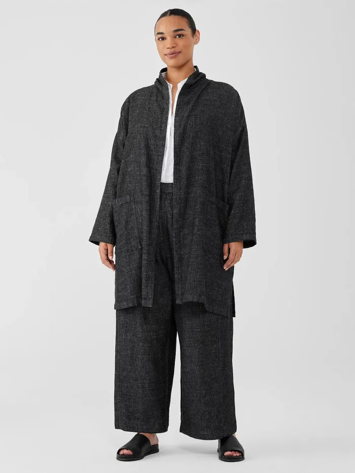Women Eileen Fisher Jackets Coats and Vests Tweedy Hemp Cotton High Collar Coat Black