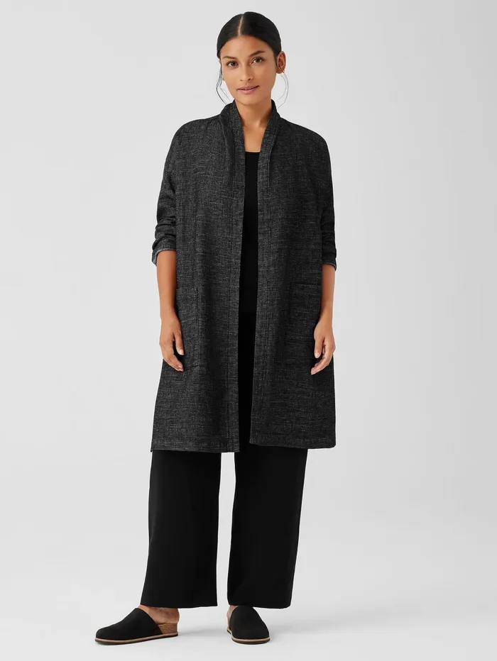Women Eileen Fisher Jackets Coats and Vests Tweedy Hemp Cotton High Collar Coat Black