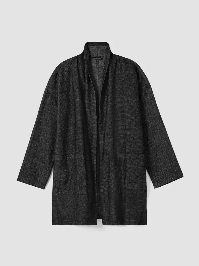 Women Eileen Fisher Jackets Coats and Vests Tweedy Hemp Cotton High Collar Coat Black