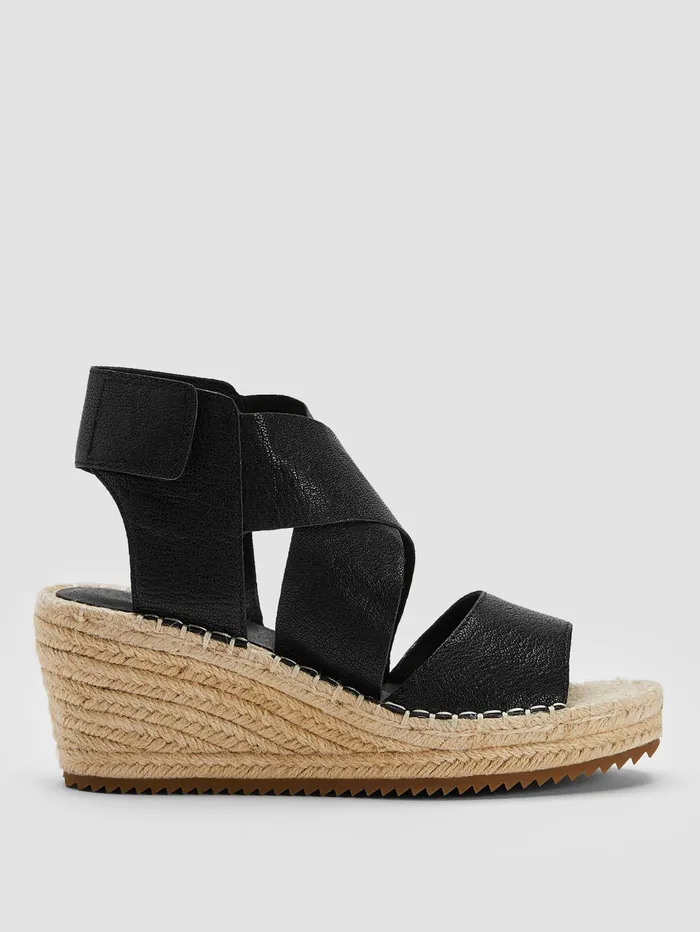 Women Eileen Fisher Shoes Willow Tumbled Leather Wedge Espadrille Black