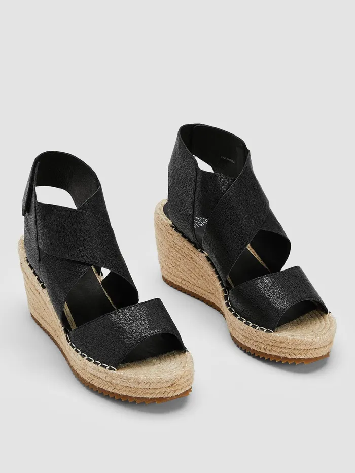 Women Eileen Fisher Shoes Willow Tumbled Leather Wedge Espadrille Black